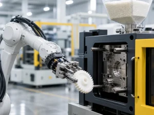 Robotic arm extracting a precision POM plastic gear from an injection molding machine