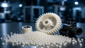 POM (acetal) resin pellets with precision injection molded plastic gears and bearings