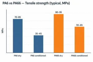 Bar chart comparing typical tensile strength of PA6 and PA66 in dry and conditioned states